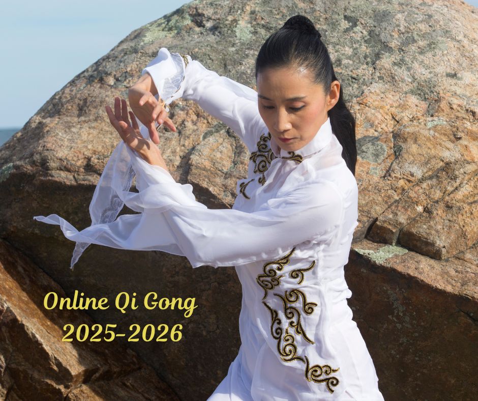 Chinese woman practicing qi gong outdoors