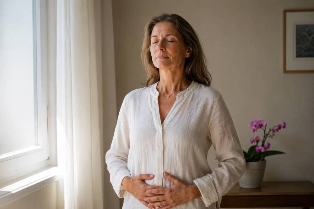 A woman in a static qi gong stance near a window, in a relaxin environment