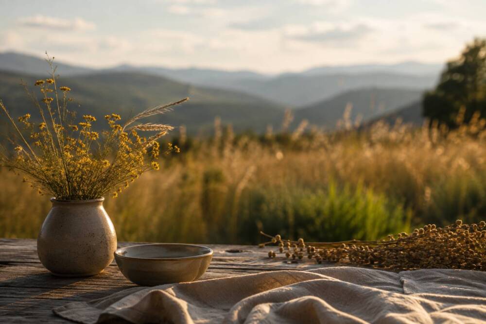 Golden late-summer landscape with wildflowers, dried grasses and natural ceramics on a wooden table, with soft mountains in the background.
